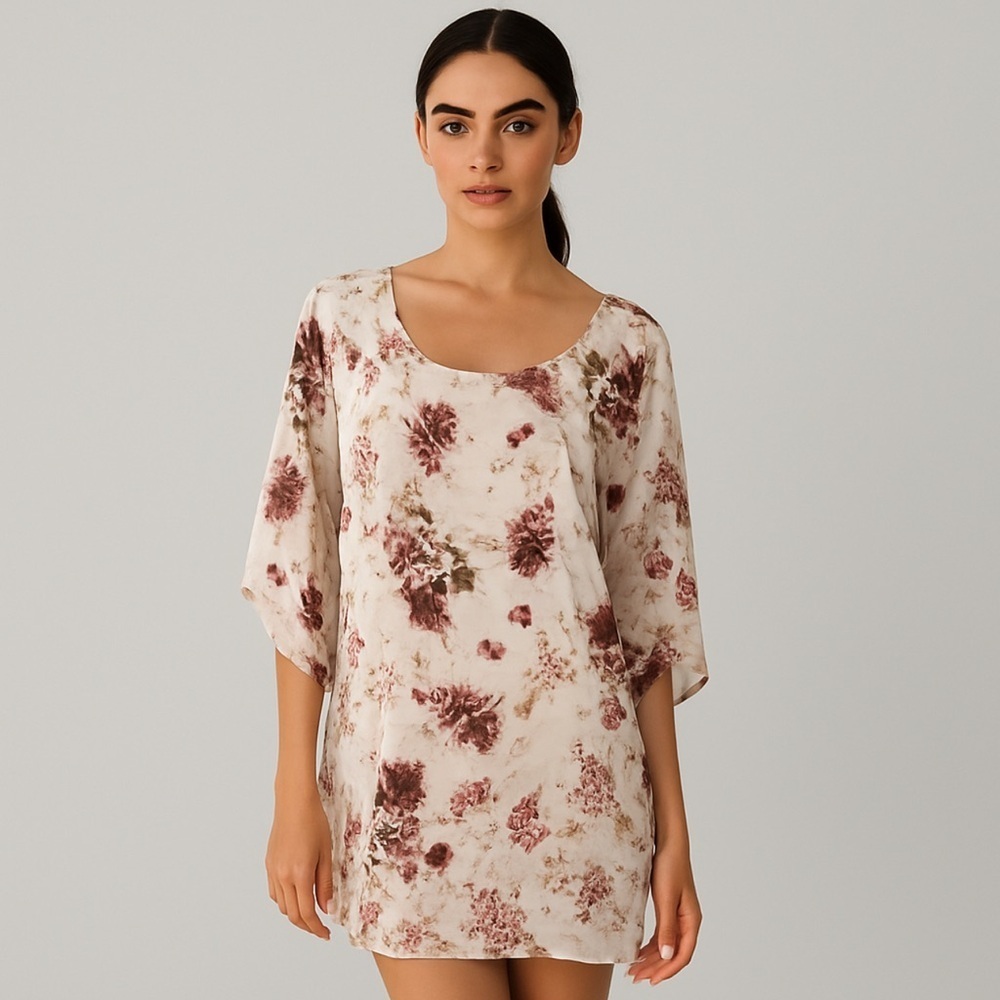 Neineiwu XL Floral Blouse Sheer Overlay Blush Beige Pink Rose Print 3/4 Sleeve